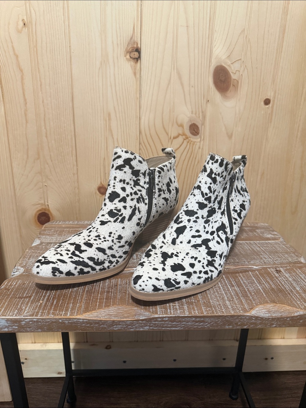 Very Volatile Black and White Cowhide Print Pointed Ankle Booties